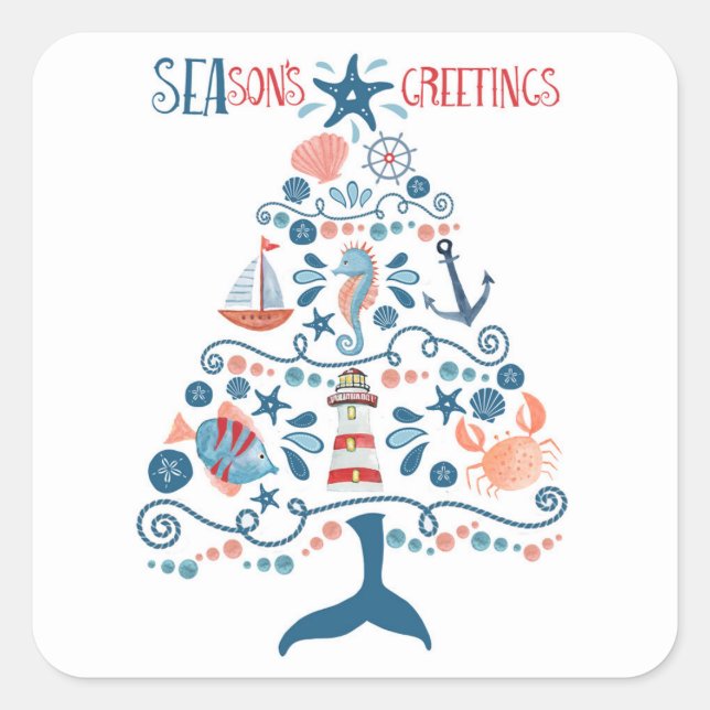 Nautical Seasons Greetings Christmas Tree Square Sticker (Front)