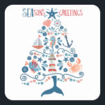 Nautical Seasons Greetings Christmas Tree Square Sticker<br><div class="desc">Beach inspired holiday sticker (or envelope seal) features a pattern of tropical fish,  lighthouse,  whale tail,  seashell,  starfish,  crab,  sand dollar,  sailboat,  seahorse and captain's wheel in the shape of a Christmas tree with "SEAson's Greetings" in a cool nautical font. Art by KL Stock.</div>