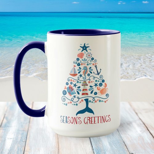 Nautical SEAsons Greetings Coastal Christmas Tree Mug