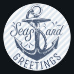 Nautical "SEAson's Greetings," Navy Blue Stripes Classic Round Sticker<br><div class="desc">A nautical, fun twist on the traditional "Season's Greetings" with the words "Seas AND Greetings" in modern, creative typography around a navy blue stamped image of an anchor and backed by a light navy blue and white diagonal striped pattern. This sticker/seal will give a unique look to your holiday gifts...</div>