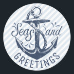 Nautical "SEAson's Greetings," Navy Blue Stripes Classic Round Sticker<br><div class="desc">A nautical, fun twist on the traditional "Season's Greetings" with the words "Seas AND Greetings" in modern, creative typography around a navy blue stamped image of an anchor and backed by a light navy blue and white diagonal striped pattern. This sticker/seal will give a unique look to your holiday gifts...</div>