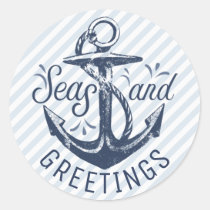 Nautical &quot;SEAson's Greetings,&quot; Navy Blue Stripes Classic Round Sticker