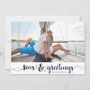 Nautical SEAsons Greetings   Navy Gold Anchors Holiday Card