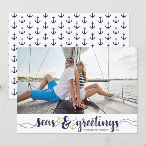 Nautical SEAsons Greetings | Navy Gold Anchors Holiday Card | Zazzle