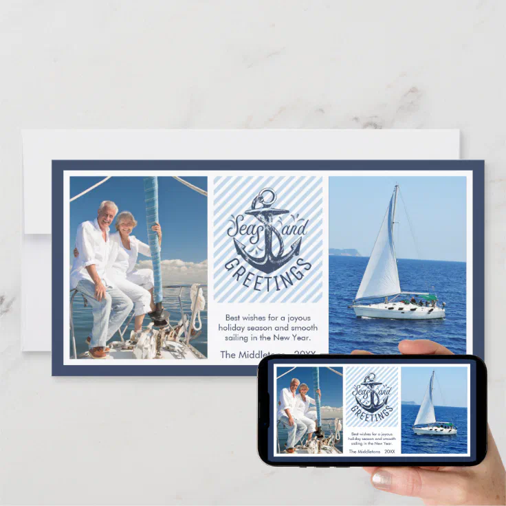 Nautical SEAson's Greetings - Navy & White Stripes Holiday Card | Zazzle