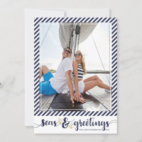 Nautical SEAsons Greetings  Stripes Gold Anchors Holiday Card