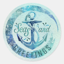 Nautical &quot;SEAson's Greetings,&quot; Watercolor Wave Classic Round Sticker