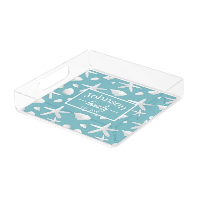 Nautical Seastar Seashells Family Beach House Acrylic Tray (Angled)