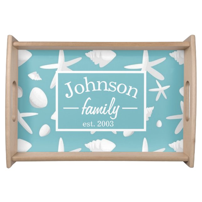 Nautical Seastar Seashells Family Beach House   Serving Tray (Front)