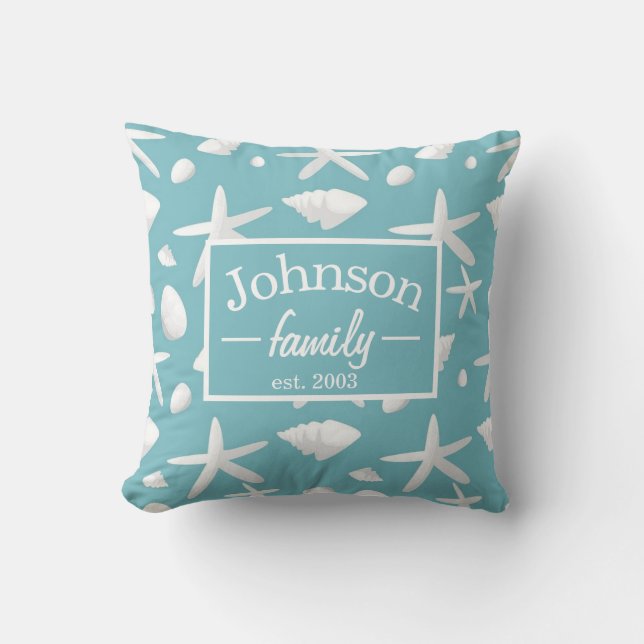 Nautical Seastar Seashells Family Beach House   Throw Pillow (Front)