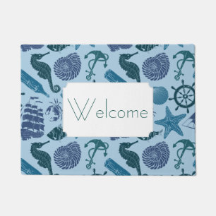 Nautical Shades Of Blue Pattern   Add Your Text Doormat