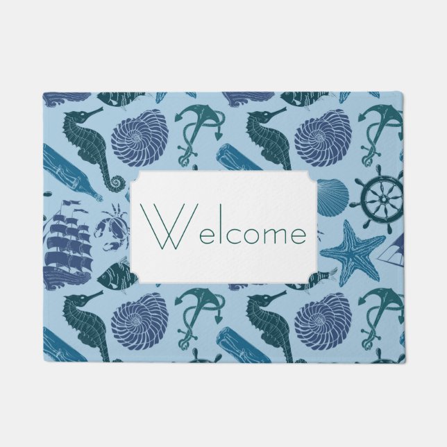 Nautical Shades Of Blue Pattern | Add Your Text Doormat (Front)