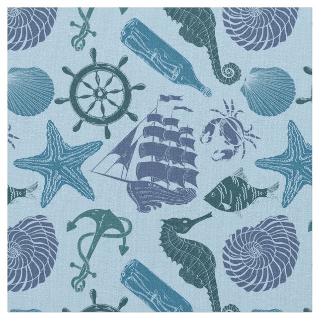 Nautical Shades Of Blue Pattern Fabric (Close Up)