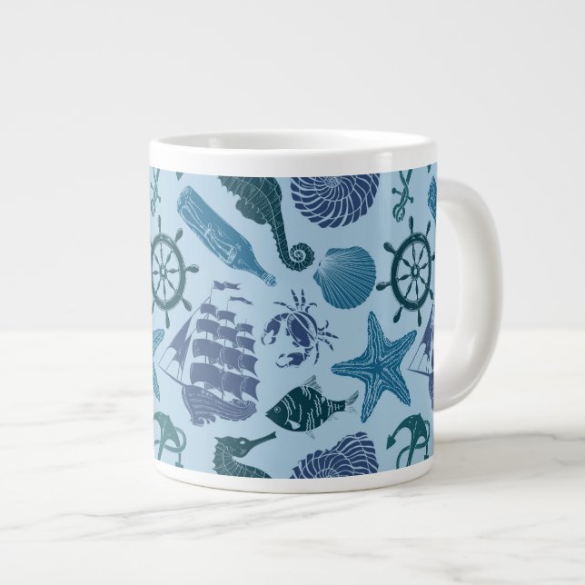 Nautical Shades Of Blue Pattern Giant Coffee Mug (Front Right)