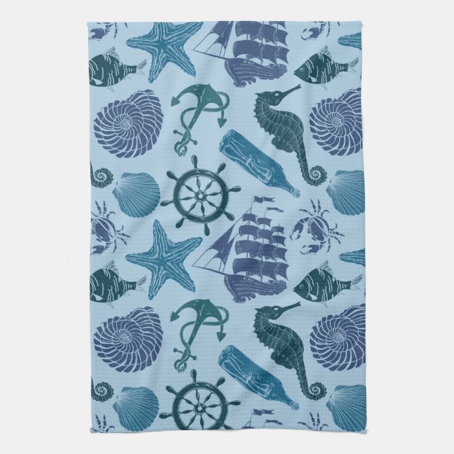 Nautical Shades Of Blue Pattern Kitchen Towel (Vertical)