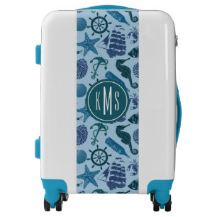 Nautical Shades Of Blue Pattern Monogram Luggage