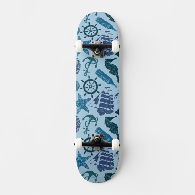 Nautical Shades Of Blue Pattern Skateboard (Front)
