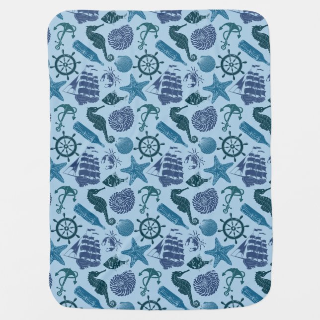 Nautical Shades Of Blue Pattern Swaddle Blanket (Front)