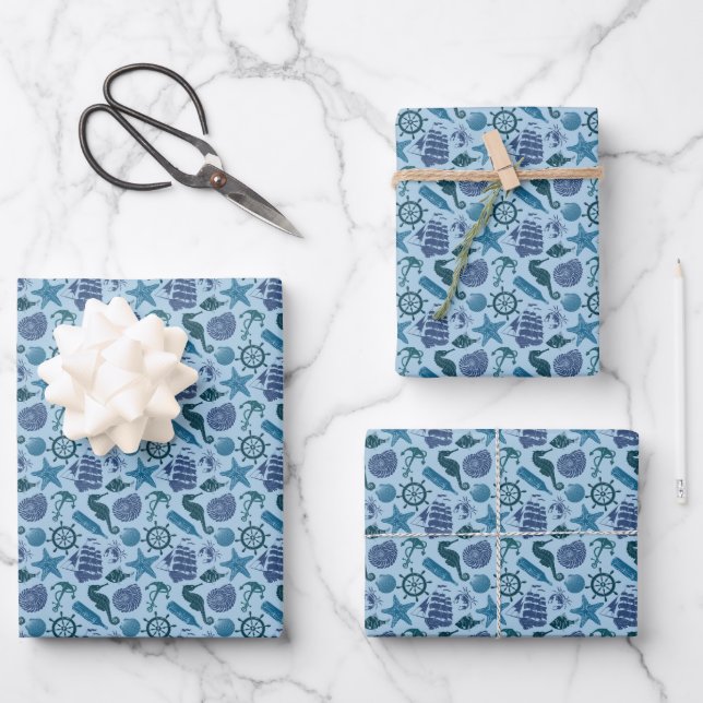 Nautical Shades Of Blue Pattern Wrapping Paper Sheets (Front)