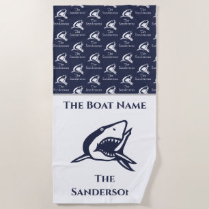 Nautical Shark Navy Blue Boat n Family Name  Beach Towel