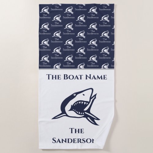 Nautical Shark Navy Blue Boat n Family Name  Beach Towel