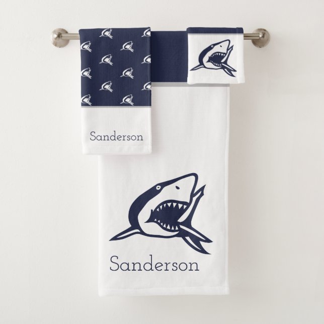 Nautical Shark Navy Blue | white Monogram Name  Bath Towel Set (Insitu)