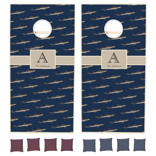 Nautical Sharks Navy Blue Sand Tan Cornhole Set (Set)