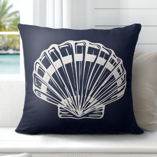 Nautical Shell Navy Blue White Throw Pillow