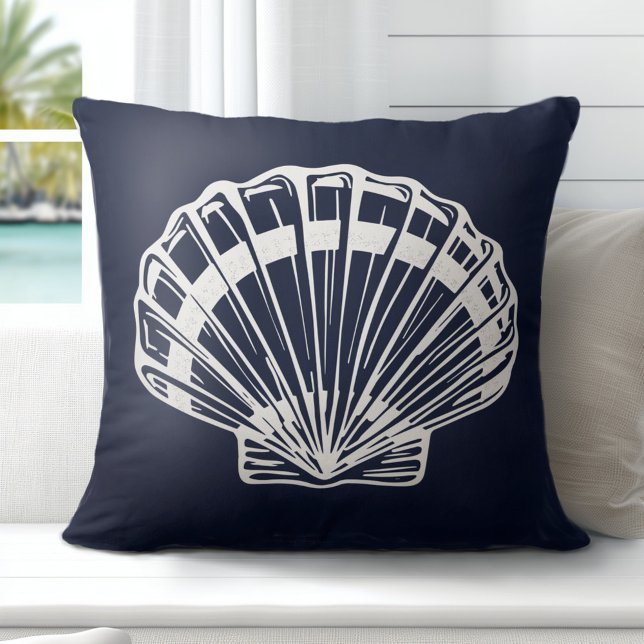 Nautical Shell Navy Blue White Throw Pillow (Discover Gorgeous Coastal Throw Pillows by Totally Coast.)