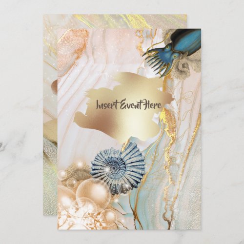 Nautical shell octopus marble gold watercolor invitation