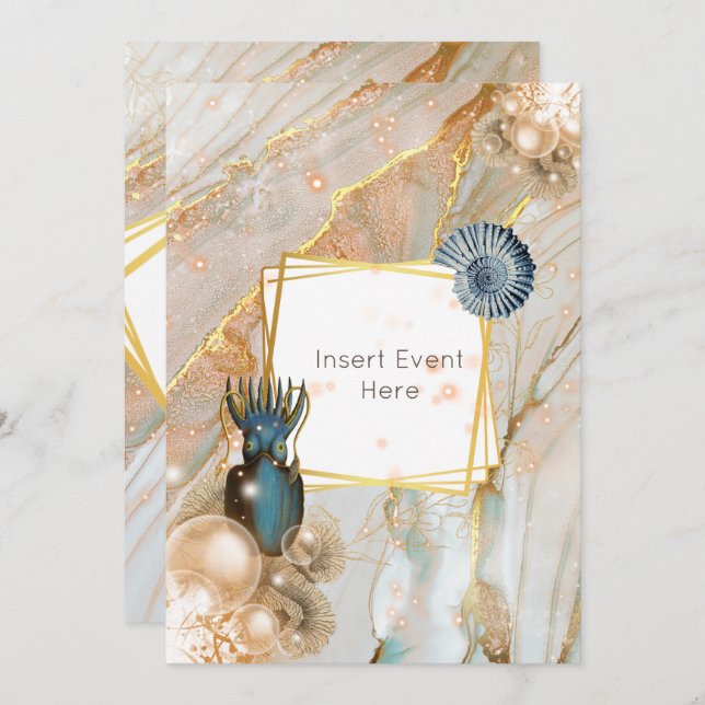 Nautical shell squid marble gold geometric frame invitation (Front/Back)