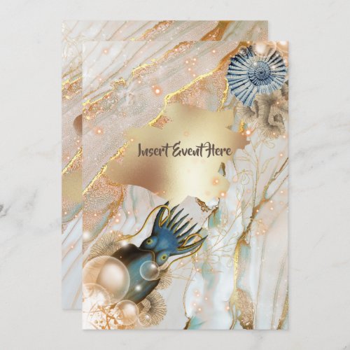 Nautical shell squid marble gold watercolor chic invitation