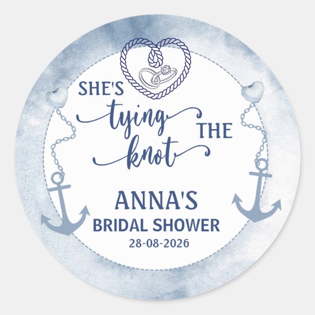 Nautical Shes Tying the Knot Bridal Shower Elegant Classic Round Sticker (Front)