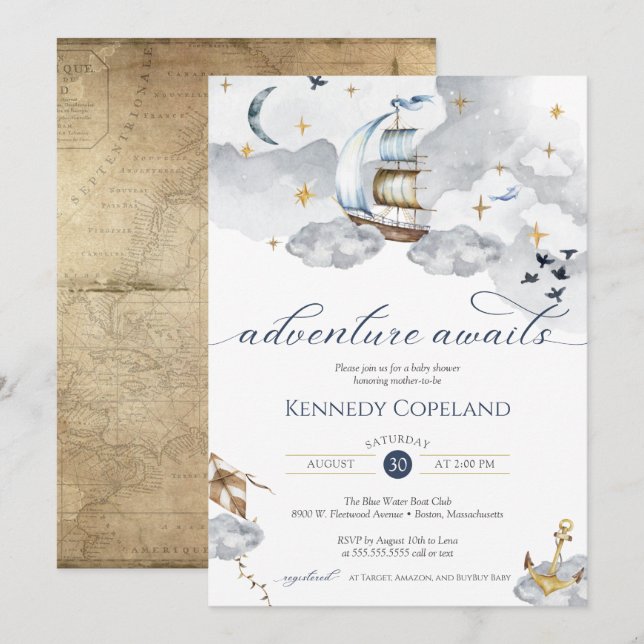 Nautical Ship Adventure Awaits Dreamy Baby Shower Invitation (Front/Back)
