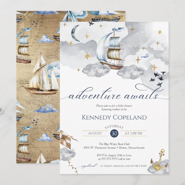 Nautical Ship Adventure Awaits Dreamy Baby Shower  Invitation (Front/Back)