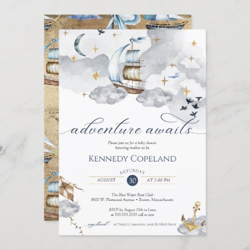 Nautical Ship Adventure Awaits Dreamy Baby Shower  Invitation