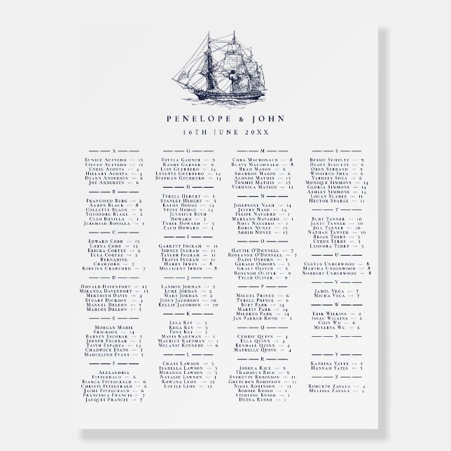 Nautical Ship Alphabetical Wedding Seating Chart Foam Board (Front)