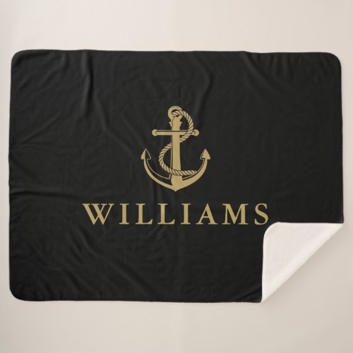 Nautical Ship Anchor Custom Name Black And Gold Sherpa Blanket