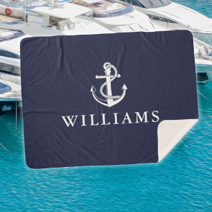 Nautical Ship Anchor Custom Name Navy Blue Sherpa Blanket