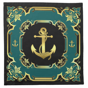 Nautical ship anchor/ gilded black/gold/aqua cloth napkin
