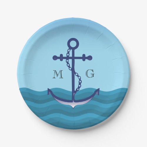 Nautical Ship Anchor with Double Monogram Paper Plates