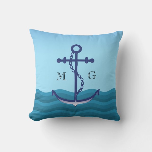 Nautical Ship Anchor with Double Monogram Throw Pillow (Front)