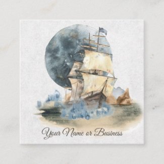 Nautical Ship and Full Moon Sailing Square Business Card