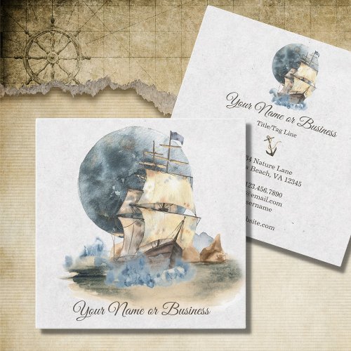 Nautical Ship and Full Moon Sailing Square Business Card