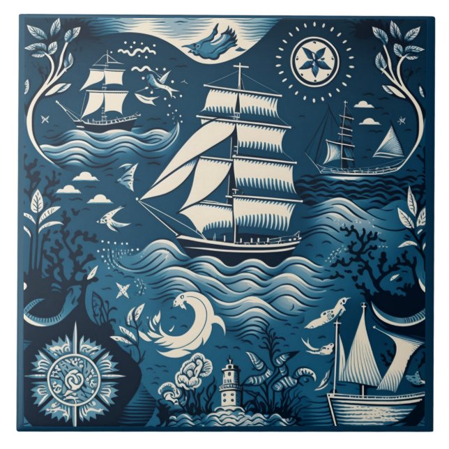 Nautical Ship and Ocean Themed ceramic art No6 Tile (Front)
