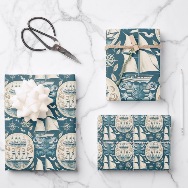 Nautical Ship and Ocean Themed pattern No14 Wrapping Paper Sheets (Front)