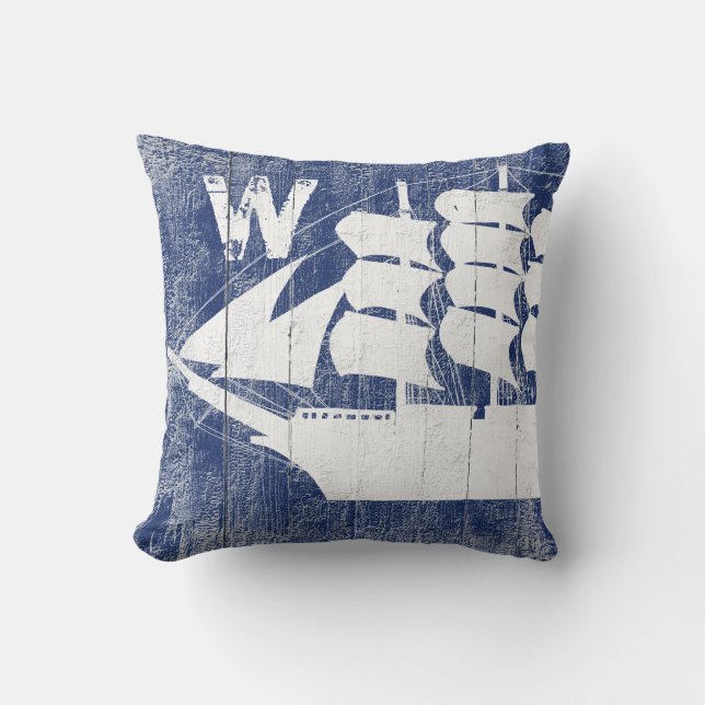Nautical Ship Blue Beach Wood Monogrammed Outdoor Pillow (Front)