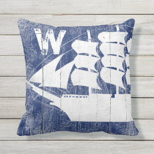 Nautical Ship Blue Beach Wood Monogrammed Outdoor Pillow