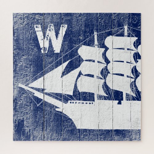 Nautical Ship Blue Beach Wood White Monogram Jigsaw Puzzle