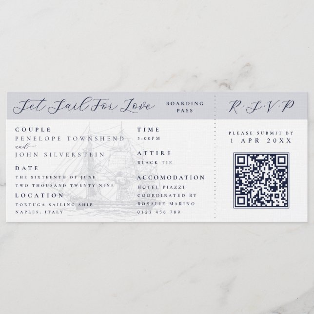 Nautical Ship Boarding Pass Destination Wedding  Invitation (Front)